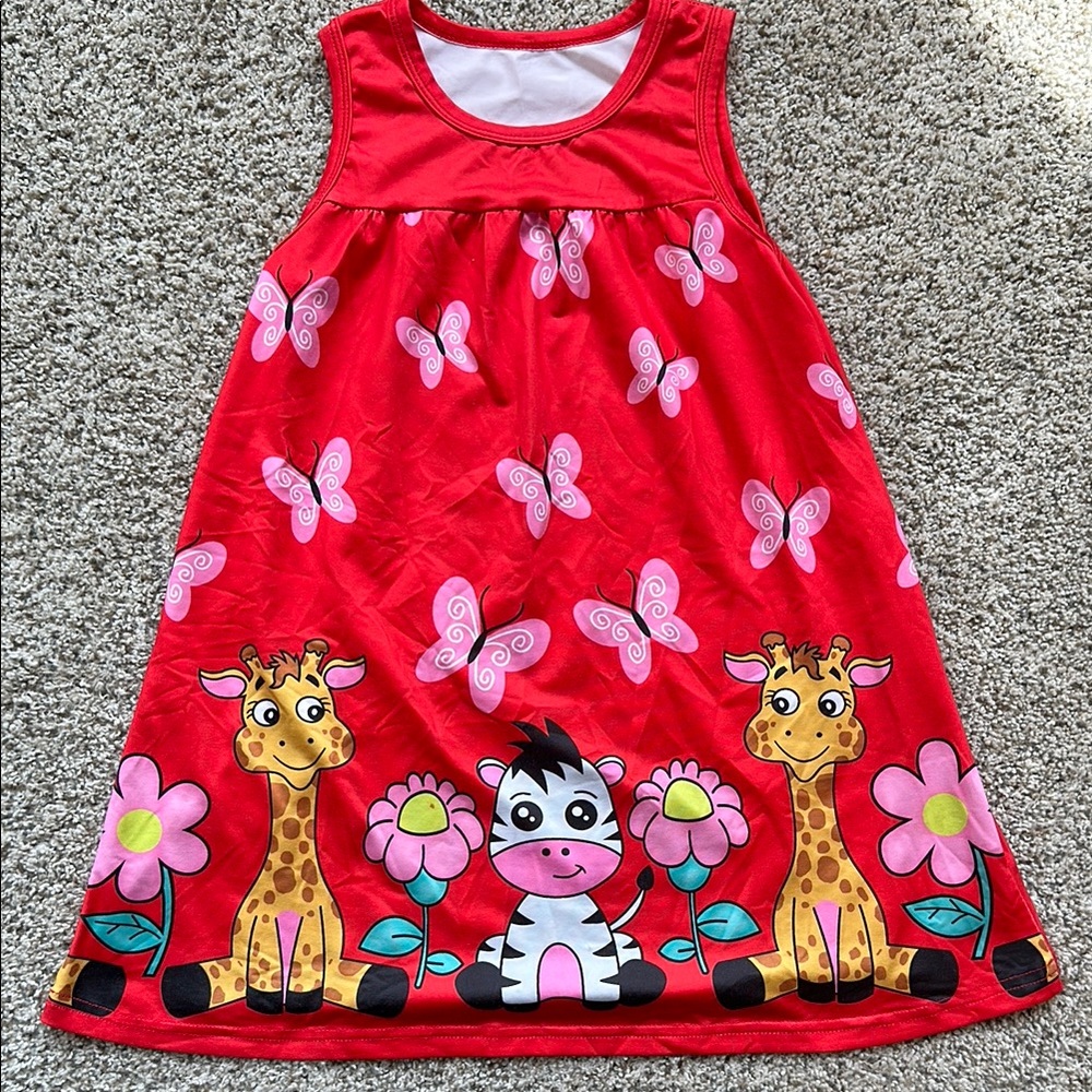 Amazon girls 4-5 year Red Kids polyester dress with Giraffe and Zebra floral